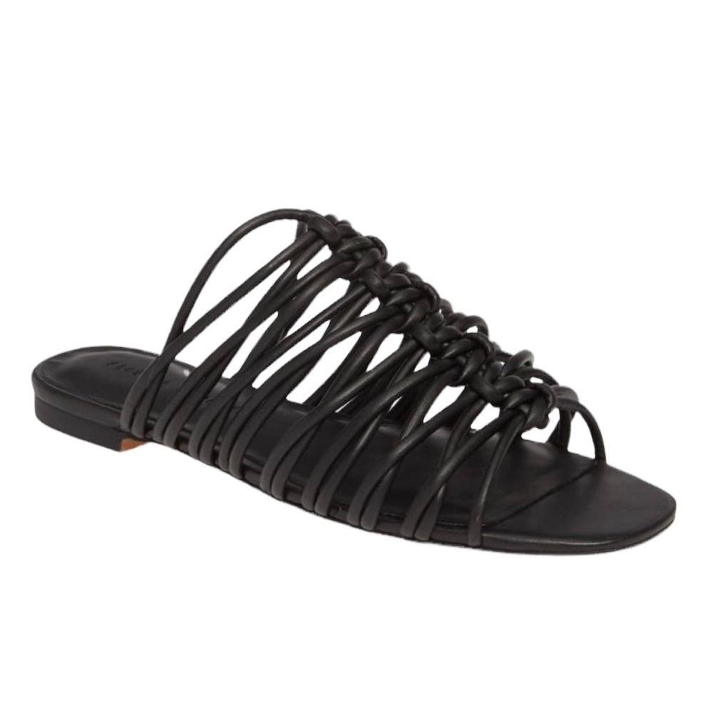 REBECCA MINKOFF MAELYNN  STRAPPY FLAT SLIDE BLACK LEATHER SANDALS | Size 6